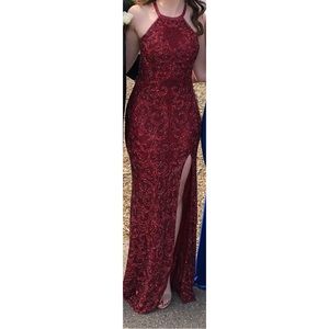 Maroon, fully-beaded prom dress, size 2